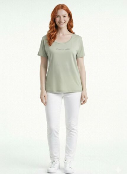 Kadın Yuvarlak Yaka Breeze Yazılı Kısa Kollu T-Shirt - 38, Yeşil