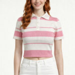 Çizgili Polo Yaka Düğmeli Triko Crop Bluz