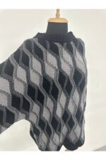 Siyah Gri Dalga Desenli Yarım Balıkçı Yaka Oversize Triko Kazak - Görsel 3