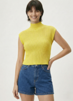 Kadın Yarım Balıkçı Yaka Fitilli Triko Kolsuz Crop Bluz