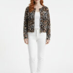 Leopar Desenli Çift Fermuarlı Crop Ceket