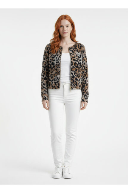 Leopar Desenli Çift Fermuarlı Crop Ceket