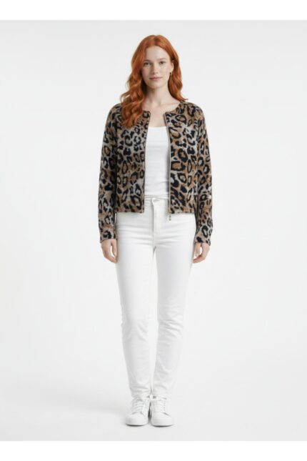 Leopar Desenli Çift Fermuarlı Crop Ceket - Standart, Kahverengi