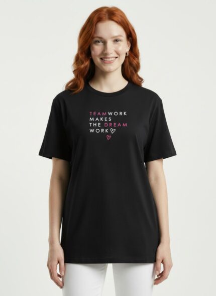Kadın Siyah Baskılı Basic T-Shirt