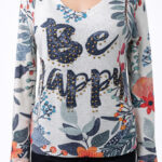 "Be Happy" Taş İşlemeli Çiçekli Triko Bluz