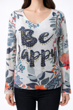 "Be Happy" Taş İşlemeli Çiçekli Triko Bluz