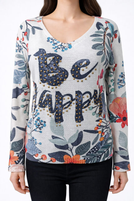 "Be Happy" Taş İşlemeli Çiçekli Triko Bluz