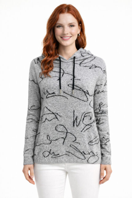 Gri Melanj Soyut Desenli Kapüşonlu Sweatshirt