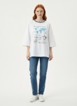 Kadın Oversize Beyaz Baskılı T-Shirt