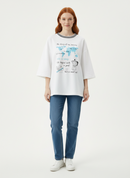 Kadın Oversize Beyaz Baskılı T-Shirt