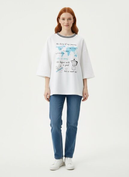Kadın Oversize Beyaz Baskılı T-Shirt - Standart, Beyaz