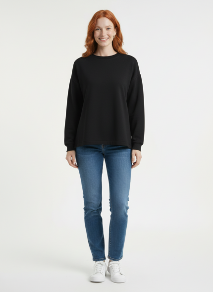 Kadın Siyah Basic Triko Kazak - Relaxed Fit, Yuvarlak Yaka