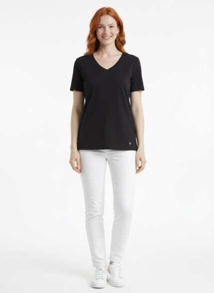 Kadın V Yaka Kısa Kol Kalp Detaylı T-Shirt - 38, Siyah