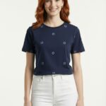 Kadın Lacivert Baskılı Yuvarlak Yaka Kısa Kollu T-Shirt