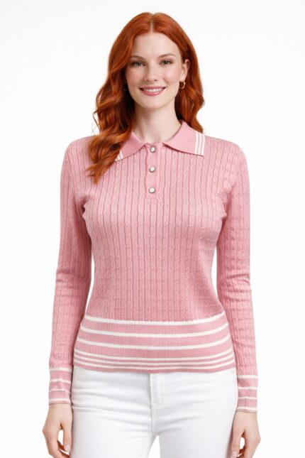 Polo Yaka Saç Örgü Desenli Çizgili Triko Kazak - Standart, Pembe