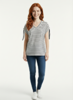 Kadın Siyah Beyaz Çizgili Bağcıklı Kısa Kol T-Shirt