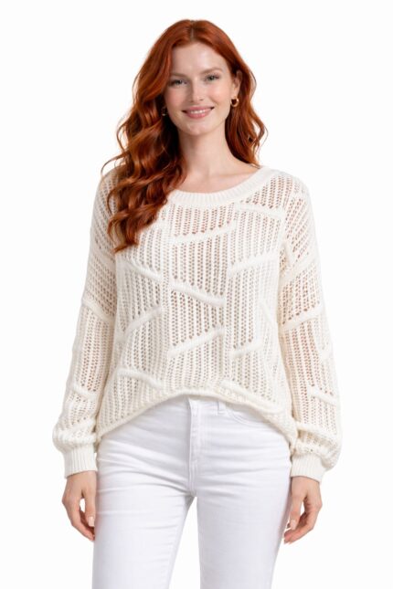 Ekru Bisiklet Yaka Ajurlu Oversize Tunik Triko Kazak - Standart, Ekru