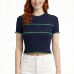 Dikdörtgen Desenli Marul Kenar Crop Triko Bluz