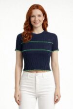 Dikdörtgen Desenli Marul Kenar Crop Triko Bluz
