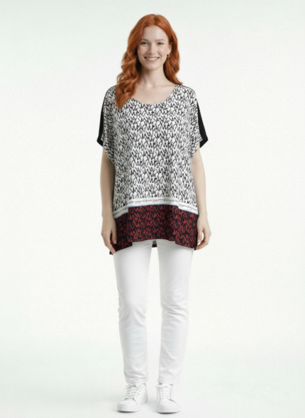 Kadın Oversize V Yaka Desenli Bluz