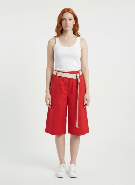 Kadın Kırmızı Beli Kemerli Geniş Paça Keten Kapri Pantolon - Standart, Kırmızı