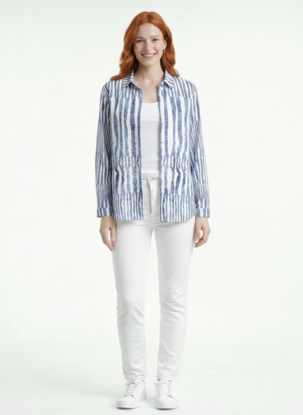 Kadın Çizgili Uzun Kollu Slim Fit Gömlek