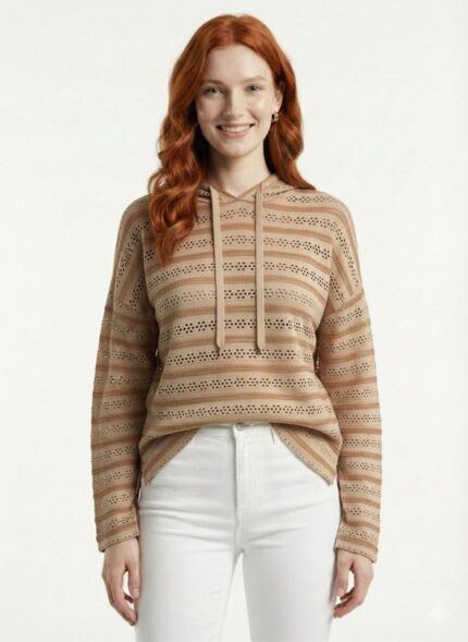 Kadın Casual Kapüşonlu Delikli Sweatshirt - 38, Yavru Ağzı