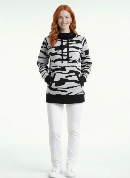 Desenli Kapüşonlu Kadın Sweatshirt - 38, Siyah