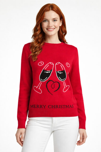 Kırmızı Kadeh Desenli Merry Christmas Kazağı