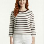 Kadın Çizgili Regular Fit Triko Bluz - Kahverengi Yakalı