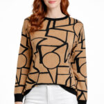 Camel Siyah Geometrik Desenli Modern Kazak