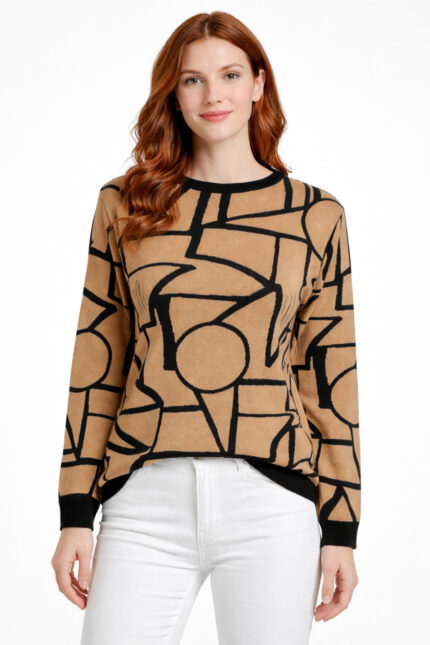 Camel Siyah Geometrik Desenli Modern Kazak