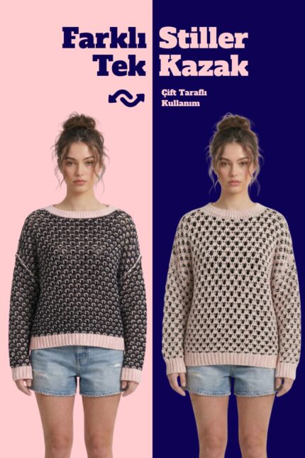 Çift Taraflı Triko Kazak Özel Tasarım İki Yönlü Kullanımlı File Dokulu Bluz - S/M, Pembe-Lacivert