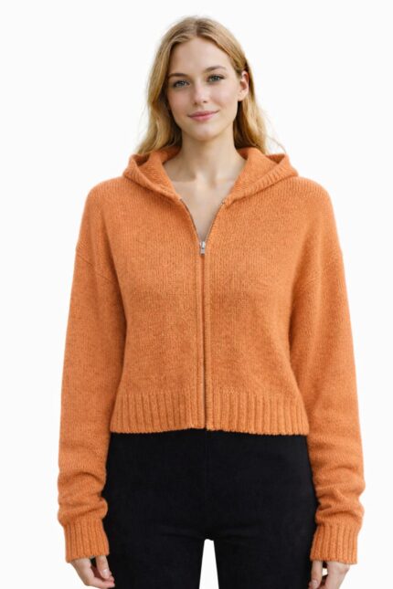 Kadın Kapüşonlu Fermuarlı Triko Hırka - L/XL, Orange