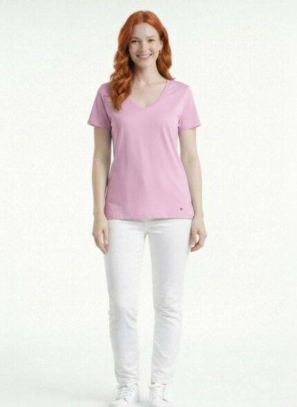 Kadın V Yaka Kısa Kol Kalp Detaylı T-Shirt - 38, Pembe