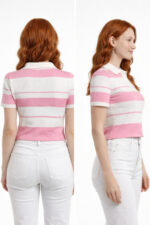 Çizgili Polo Yaka Düğmeli Triko Crop Bluz - Görsel 3