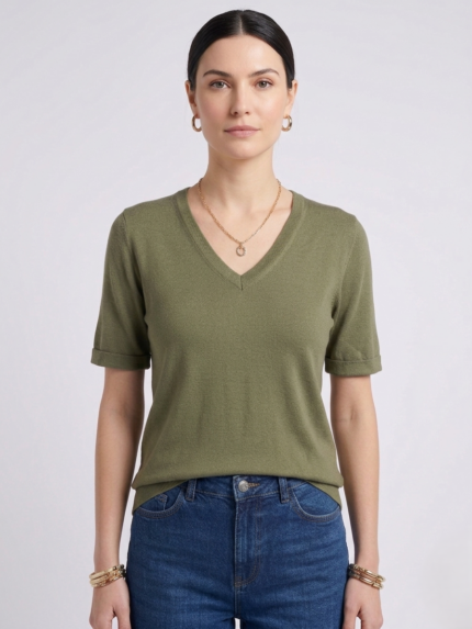 Kadın V Yaka Kısa Kollu Basic T-Shirt - 40, Yeşil