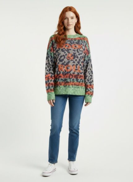 Kadın Rock & Roll Desenli Oversize Triko Kazak - Standart, Çok Renkli