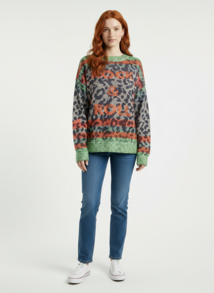 Kadın Rock & Roll Desenli Oversize Triko Kazak