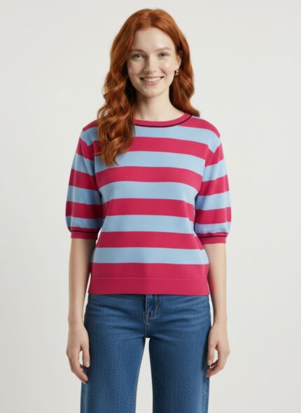 Kadın Renkli Çizgili Triko Yarım Kol T-Shirt - Standart, Çok Renkli