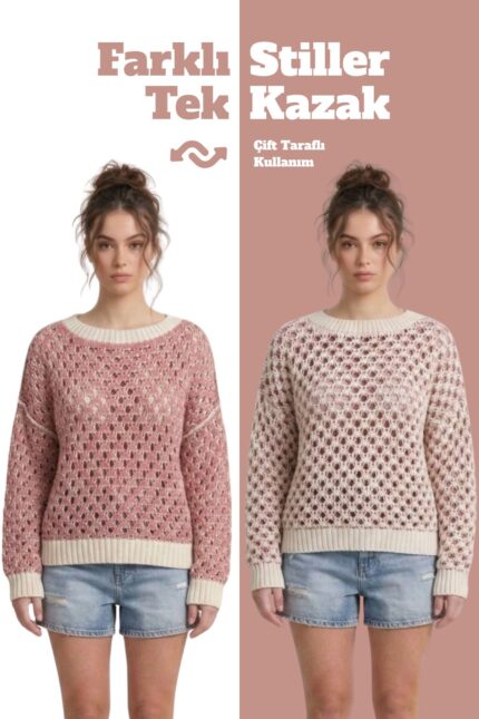 Çift Taraflı Triko Kazak Özel Tasarım İki Yönlü Kullanımlı File Dokulu Bluz - L/XL, Pembe-Beyaz