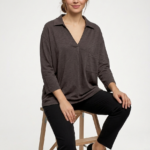 Kadın Relaxed Fit V Yaka Gömlek Yaka Bluz