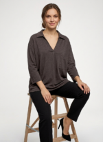 Kadın Relaxed Fit V Yaka Gömlek Yaka Bluz