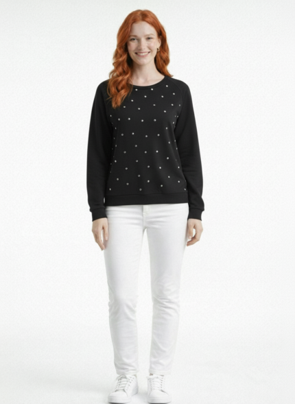 Kadın Siyah Taş Aksesuar Detaylı Uzun Kollu Sweatshirt