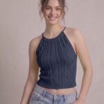 Kadın Triko Örme Halter Yaka Crop Bluz