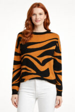 Hardal Siyah Zebra Desenli Oversize Kazak