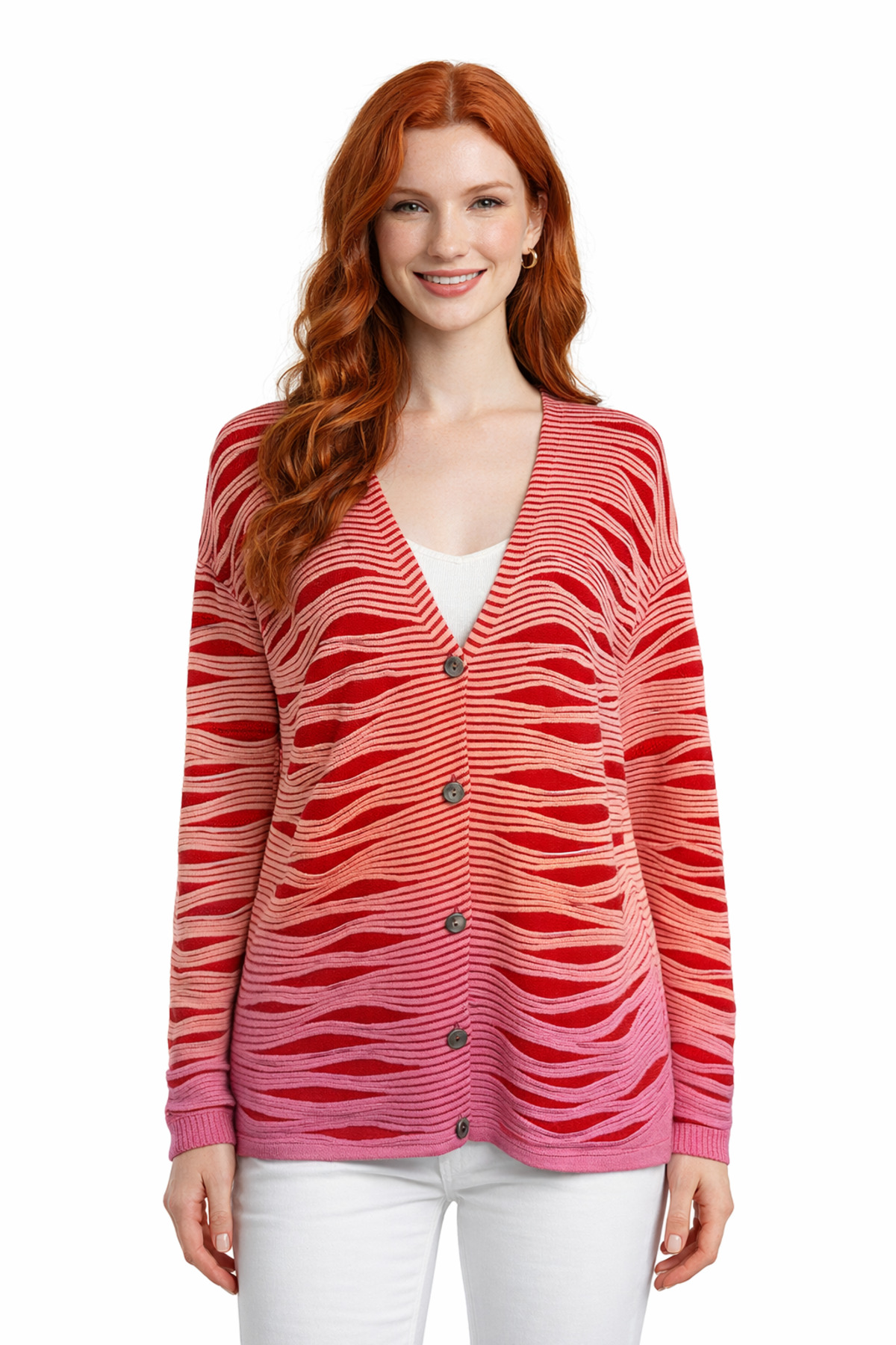 972f412d4a3f4e74ac94a4fbdd6c8c11-4.jpg Kırmızı Pembe Degrade Desenli Uzun Hırka - Görsel 1