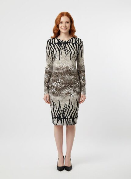 Kadın Zebra Desenli Viskoz Uzun Kollu Slim Fit Elbise - 32/34, Çok Renkli