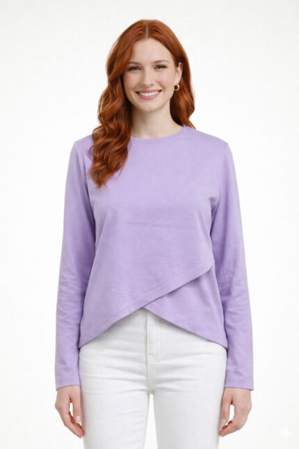 Lila Önü Çapraz Katmanlı Crop Bluz