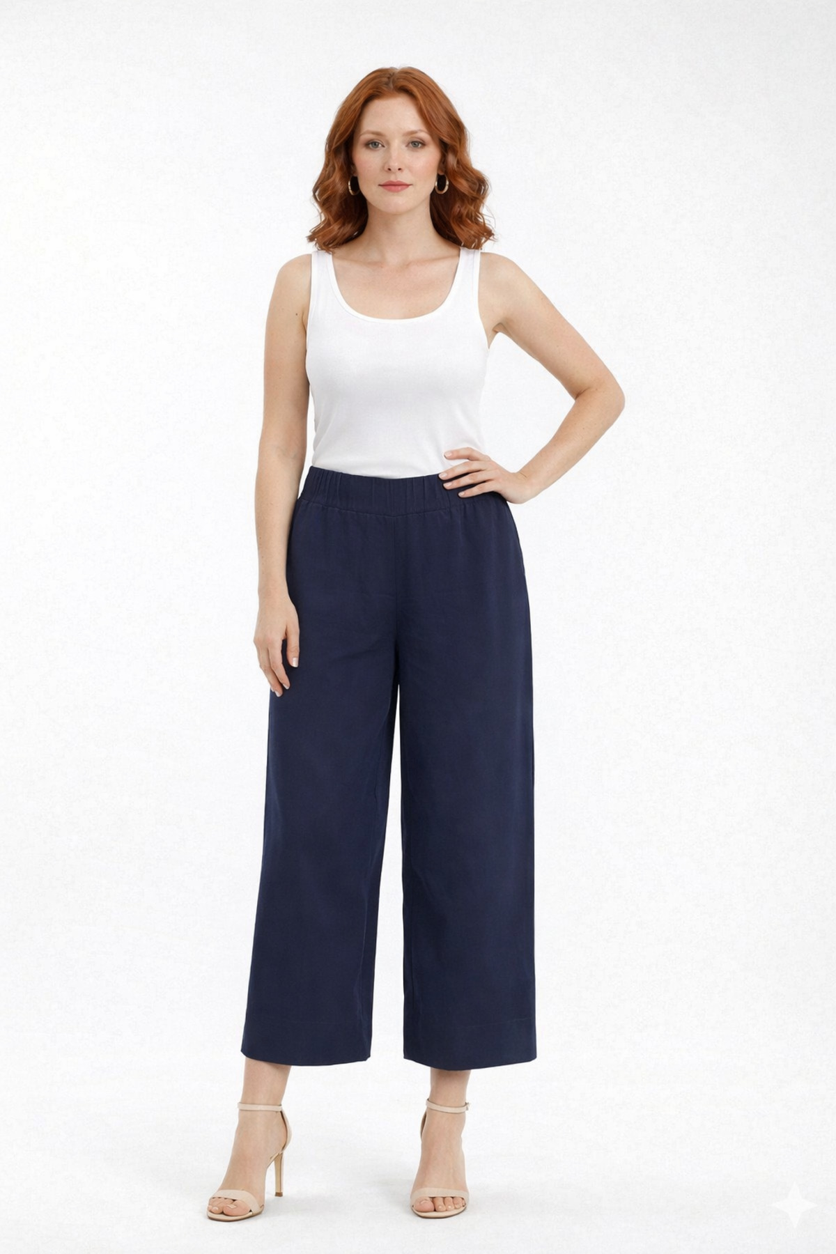 9bc255a5f2914205aa072507188bb0dc-4.jpg Lacivert Beli Lastikli Bol Paça Keten Görünümlü Yazlık Pantolon - Görsel 1